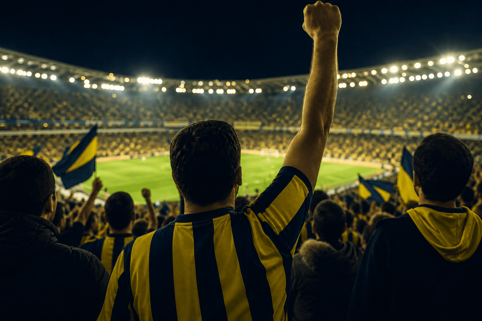 Sarı-lacivert floodlight atmosferi — Fenerbahçe taraftar deneyimi