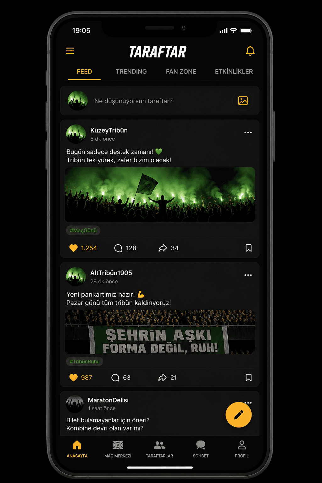 Taraftar App — Telefon feed