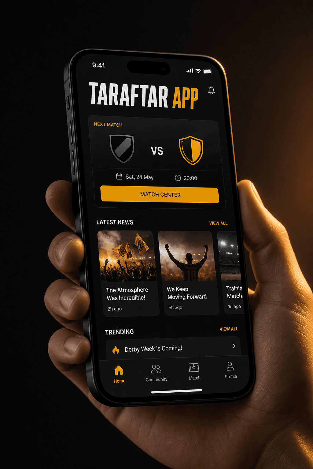 Taraftar App telefon mockup — kulübe özel maç kartı ve ana ekran